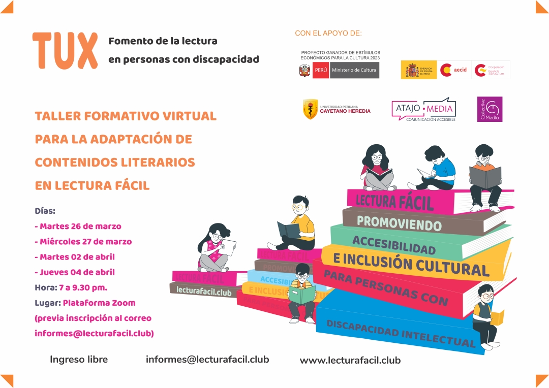 Afiche del taller virtual para adaptación de contenidos literarios en Lectura Fácil, dibujo de niños leyendo libros.