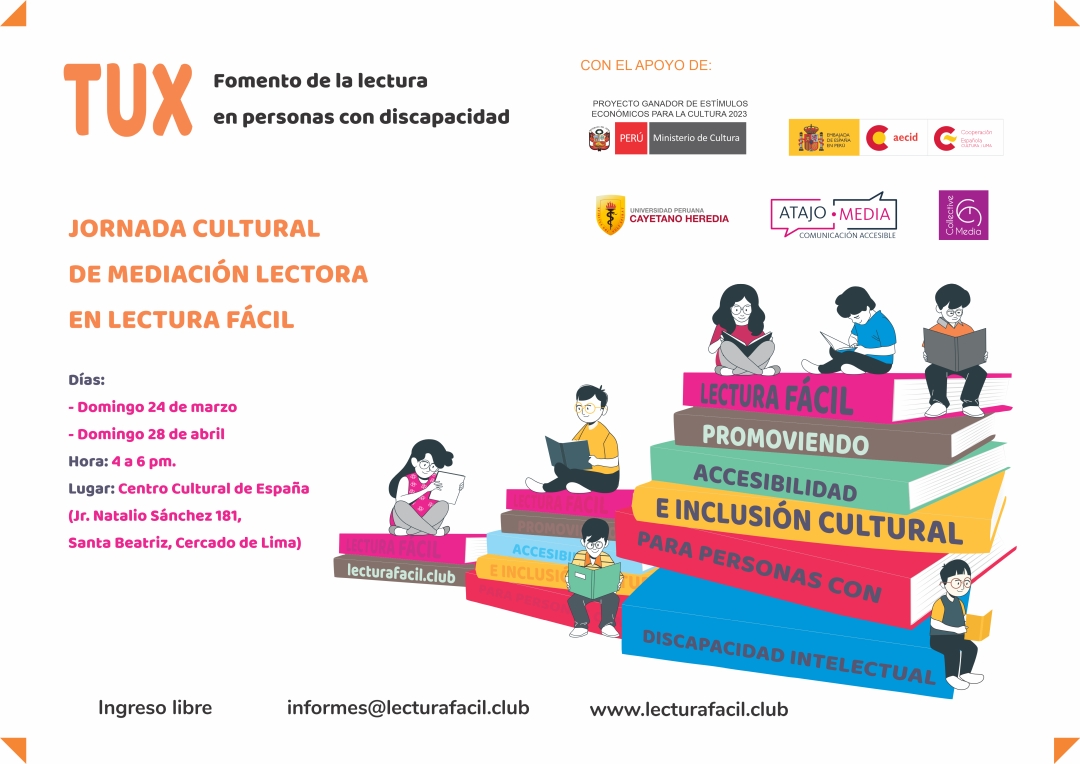 Afiche de la Mediación lectora en el Centro Cultural de España, dibujo de niños leyendo libros.