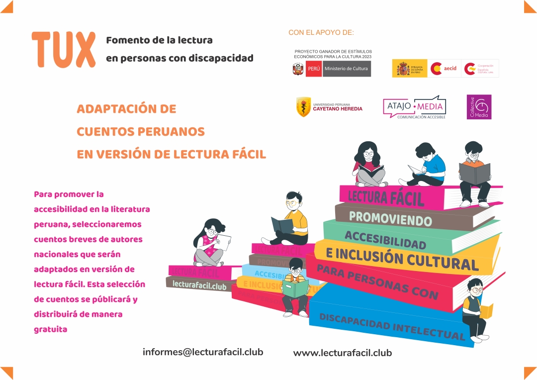 Afiche de la adaptacion de cuentos en Lectura Fácil, dibujo de niños leyendo libros.