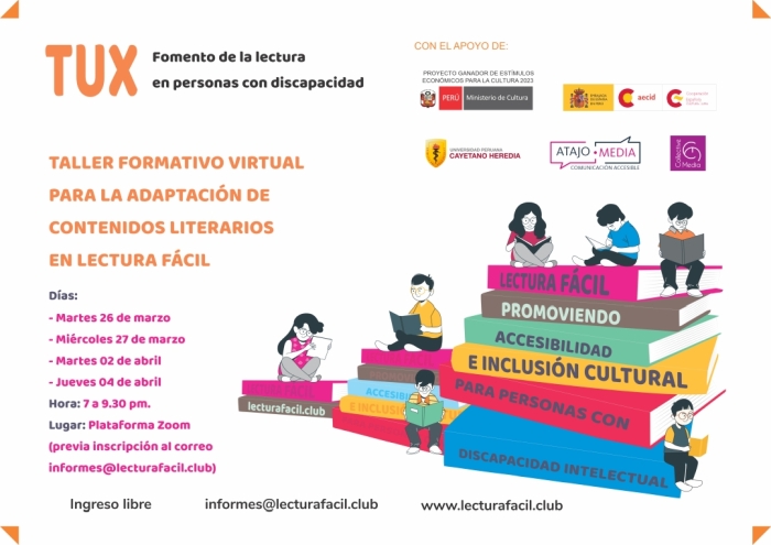 Afiche del taller formativo para adaptar contenidos en lectura fácil, niños con discapacidad leyendo libros.